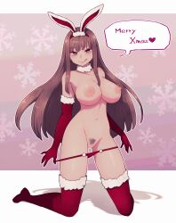 Rule 34 | 1girl, :q, absurdres, animal ears, bar censor, blue eyes, breasts, censored, christmas, cleft of venus, commentary request, elbow gloves, fake animal ears, female pubic hair, gloves, gradient background, highres, kneeling, lamb-oic029, large breasts, looking at viewer, merry christmas, naughty face, nipples, original, panties, panty pull, pink background, pubic hair, pussy, red gloves, red panties, red thighhighs, snowflake background, solo, thighhighs, tongue, tongue out, topless, underwear