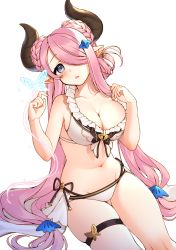 1girl bikini blue_eyes blush breasts bug butterfly draph earrings female_focus granblue_fantasy hair_ornament hair_over_one_eye highres horns insect jewelry large_breasts lio_(tsukuyomi-tei) long_hair narmaya_(granblue_fantasy) narmaya_(summer)_(granblue_fantasy) navel pink_hair pointy_ears simple_background single_thighhigh sitting solo swimsuit thighhighs very_long_hair white_background white_bikini