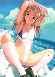 Rule 34 | 1girl, absurdres, armpits, black footwear, blonde hair, blue eyes, blue sky, breasts, closed mouth, cloud, cloudy sky, collarbone, covered navel, day, highleg, highleg swimsuit, highres, kneehighs, lips, loafers, long hair, looking at viewer, medium breasts, mibu natsuki, ocean, one-piece swimsuit, outdoors, scan, shoes, sitting, sky, socks, solo, swimsuit, toranoana, water, white socks
