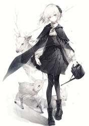Rule 34 | 1girl, absurdres, black footwear, boots, cape, capelet, deer, expressionless, fawn, grey eyes, hairband, high-waist skirt, highres, hito komoru, holding, holding stick, holding watering can, long sleeves, monochrome, original, pale skin, pantyhose, puffy long sleeves, puffy sleeves, shadow, shirt, short hair, skirt, standing, stick, watering can, white background, white hair, white shirt, wind