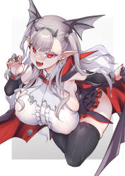 Rule 34 | 1girl, black thighhighs, breasts, cape, covered erect nipples, cropped legs, cross, cross earrings, detached sleeves, draculina (last origin), dress, earrings, fake horns, fangs, grey hair, hair ornament, highres, horns, huge breasts, jewelry, last origin, long hair, looking at viewer, nail polish, open mouth, pointy ears, rampage 2nd, red eyes, red nails, solo, thighhighs, two side up, vampire, wing hair ornament