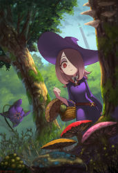 Rule 34 | 10s, 1girl, basket, day, forest, from below, glowing, hair over one eye, hat, highres, light purple hair, little witch academia, looking down, mushroom, nature, outdoors, plant, red eyes, robe, sendo (sendrawz), smile, solo, sucy manbavaran, tower, tree, witch, witch hat