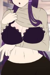 Rule 34 | 1girl, bra, breasts, clothes lift, doki doki literature club, highres, lace, lace-trimmed bra, lace trim, large breasts, moca 1atte, pullover, shirt lift, solo, underwear, yuri (doki doki literature club)