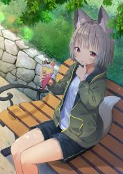 Rule 34 | 1girl, alternate costume, animal ears, bench, black shorts, contemporary, crepe, day, food, food on face, green jacket, grey hair, highres, holding, holding food, inubashiri momiji, jacket, long sleeves, looking at viewer, mamemochi, no headwear, outdoors, red eyes, shirt, short hair, shorts, sitting, smile, solo, tail, touhou, white shirt, wolf ears, wolf tail