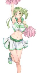 Rule 34 | 1girl, absurdres, alternate costume, alternate hairstyle, amagi (amagi626), arm up, armpit crease, bare shoulders, blush, breasts, cheering, cheerleader, cleavage, closed mouth, collarbone, foot out of frame, green eyes, green hair, hair intakes, highres, knees, large breasts, lips, long hair, looking at viewer, miniskirt, navel, shiny skin, shoes, sidelocks, simple background, skirt, sneakers, solo, standing, standing on one leg, stomach, sweat, teireida mai, touhou, white background