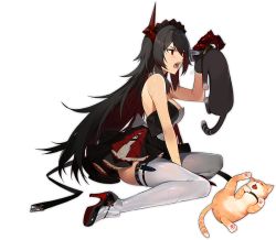Rule 34 | 1girl, animal, arm support, artist request, azur lane, bare shoulders, black hair, cart, cat, claws, fangs, from side, full body, holding, holding animal, holding cat, long hair, looking at another, magdeburg (azur lane), magdeburg (cat cafe cleanup) (azur lane), maid, maid headdress, official alternate costume, official art, red eyes, scar, scar on arm, sitting, thighhighs, transparent background, wariza, white thighhighs, x anus