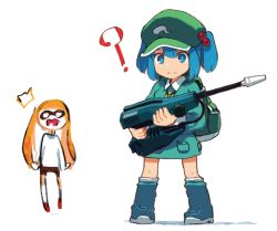 Rule 34 | 2girls, ?, ^^^, backpack, bag, blue eyes, blue hair, boots, crossover, deformed, full body, hair bobbles, hair ornament, hat, inkling, inkling girl, inkling player character, kawashiro nitori, kitsune (kazenouta), long sleeves, looking down, monster girl, multiple girls, nintendo, open mouth, orange hair, rubber boots, simple background, splatoon (series), splatoon 1, tentacle hair, touhou, twintails, two side up, weapon, white background