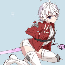 Rule 34 | 1girl, ahoge, alisaie leveilleur, blue eyes, boots, final fantasy, final fantasy xiv, fingerless gloves, gloves, jacket, kneeling, lili mdoki, long hair, looking at viewer, open clothes, open jacket, pointy ears, rapier, red mage (final fantasy), solo, sword, thigh boots, thighhighs, v, weapon, white hair