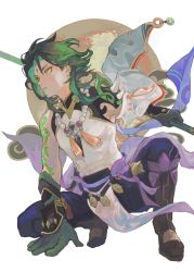 Rule 34 | 1boy, ahoge, aqua hair, arm up, bare shoulders, belt, black footwear, black gloves, black hair, black pants, boots, closed mouth, full moon, genshin impact, gloves, green hair, grey shirt, hair between eyes, hand up, highres, holding, holding weapon, jewelry, long sleeves, looking to the side, male focus, mandarin collar, moon, multicolored hair, mumu vosp, necklace, pants, pearl necklace, pom pom (clothes), purple belt, shirt, short hair, sitting, sleeveless, sleeveless shirt, solo, teeth, v-shaped eyebrows, vision (genshin impact), weapon, wide sleeves, xiao (genshin impact), yellow eyes