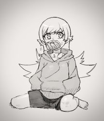 Rule 34 | 1girl, baggy clothes, bare legs, barefoot, blonde hair, casual, doughnut, eating, food, food in mouth, food on face, french cruller, greyscale, hands in pocket, highres, hood, hoodie, looking to the side, monochrome, monogatari (series), nisemonogatari, oshino shinobu, pointy ears, shorts, sitting, solo, sweater, wariza