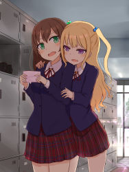 Rule 34 | 2girls, blonde hair, brown hair, buttons, from behind, getabako, green eyes, hair bobbles, hair ornament, hand on another&#039;s shoulder, highres, hug, hug from behind, indoors, letter, locker, locker room, long hair, multiple girls, nagou nono, open mouth, original, plaid, plaid skirt, purple eyes, school uniform, shoes, unworn shoes, skirt, sunlight, sweatdrop, twintails, two side up