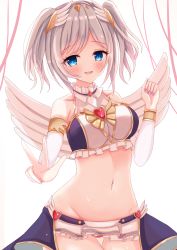 Rule 34 | 1girl, :d, akari (angel) (princess connect!), akari (princess connect!), angel wings, bare shoulders, blue eyes, blush, breasts, clenched hand, collarbone, commentary request, cowboy shot, crop top, detached sleeves, groin, highres, imono y, large breasts, looking at viewer, microskirt, midriff, nail polish, navel, open mouth, princess connect!, purple nails, short hair, sidelocks, simple background, skirt, smile, solo, standing, teeth, twintails, upper teeth only, v, waist cape, wet, white background, white skirt, white sleeves, wing hair ornament, wings