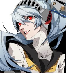 Rule 34 | 1girl, android, arm up, black background, blue hair, breasts, glowing, glowing eyes, hair between eyes, highres, joints, labrys (persona), lips, long hair, looking at viewer, mechanical parts, parted lips, persona, persona 4, persona 4: the ultimate in mayonaka arena, pertex 777, ponytail, red eyes, robot, robot joints, school uniform, simple background, skirt, smile, solo, two-tone background, very long hair, white background