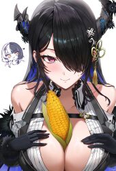 Rule 34 | 2girls, absurdres, asymmetrical horns, bare shoulders, between breasts, black gloves, black hair, blue hair, blush, breasts, cleavage, colored inner hair, corn, corn cob, demon horns, gloves, hair ornament, hair over one eye, heart, highres, hololive, hololive english, horns, large breasts, long hair, looking at viewer, mole, multicolored hair, multiple girls, nerissa ravencroft, red eyes, shiori novella, smile, tassel, tassel hair ornament, two-tone hair, uneven horns, upper body, virtual youtuber, yan.c