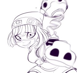 Rule 34 | 1girl, @ @, arms (game), arms up, beanie, blunt bangs, blurry, bob cut, breasts, depth of field, female focus, happy, hat, hexanne, looking at viewer, mask, min min (arms), monochrome, motion blur, open mouth, outstretched arm, shirt, short hair, short shorts, shorts, sidelocks, simple background, sketch, small breasts, smile, solo, standing, teeth, upper body, v-shaped eyebrows, white background