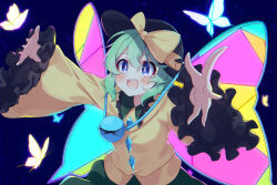 Rule 34 | 1girl, :d, black hat, blouse, blue background, blue butterfly, blue eyes, blush, bow, bright pupils, bug, butterfly, butterfly wings, buttons, commentary, diamond button, frilled shirt collar, frilled sleeves, frills, green hair, green skirt, hair between eyes, hat, hat bow, highres, insect, insect wings, komeiji koishi, kudamono25253, long sleeves, looking at animal, medium hair, open mouth, outstretched arms, shirt, skirt, smile, solo, teeth, touhou, twitter username, upper body, upper teeth only, white pupils, wide sleeves, wings, yellow bow, yellow butterfly, yellow shirt