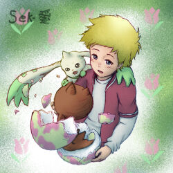 Rule 34 | 1boy, blonde hair, chocomon, digimon, digimon (creature), digitama, egg, eggshell, highres, horns, looking at another, tail, terriermon, wallace (digimon)