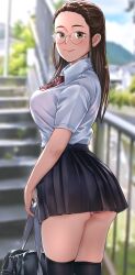 Rule 34 | 1girl, ass, backlighting, bag, black skirt, black thighhighs, blurry, bow, bowtie, bra visible through clothes, breasts, brown eyes, brown hair, commentary request, cowboy shot, day, depth of field, dress shirt, forehead, from behind, glasses, hair behind ear, handrail, highres, holding, holding bag, kobamiso (kobalt), large breasts, lips, long hair, looking at viewer, looking back, microskirt, original, outdoors, panties, pantyshot, pink panties, pleated skirt, ponytail, railing, red bow, red bowtie, round eyewear, school bag, school uniform, shirt, short sleeves, sidelocks, skirt, smile, solo, stairs, standing, striped bow, striped bowtie, striped clothes, taut clothes, taut shirt, thighhighs, twisted torso, underwear, uniform, white shirt, wide ponytail