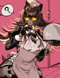 Rule 34 | animal ears, apron, blush, bow, bowtie, breasts, brown hair, cat ears, chef hat, choker, garter straps, gloves, glowing, glowing eyes, hat, holding, holding plate, large breasts, long hair, looking at viewer, messy hair, original, plate, robot, thick thighs, thighhighs, thighs, usa37107692, wide hips, yellow eyes