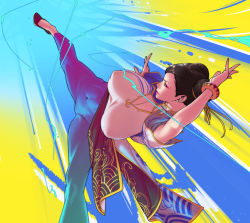 Rule 34 | 1girl, blue leggings, bracelet, breasts, brown hair, capcom, chest cutout, china dress, chinese clothes, chun-li, double bun, dress, earrings, eyeliner, fighting stance, flats, hair bun, hair pulled back, huge breasts, jewelry, kicking, leggings, makeup, multicolored background, navel, pearl earrings, pelvic curtain, solo, street fighter, street fighter 6, thighs, tomoyuki kotani