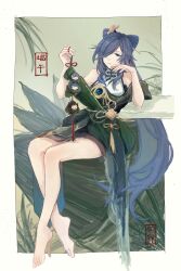 Rule 34 | 1girl, absurdres, arsum0731, bare shoulders, barefoot, black hair, blue eyes, bow-shaped hair, commentary request, dress, fu hua, full body, hair over one eye, hands up, highres, holding, honkai (series), honkai impact 3rd, long hair, parted lips, sitting, sleeveless, sleeveless dress, solo, very long hair, white dress