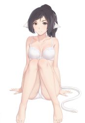 Rule 34 | 1girl, animal ears, arm support, arms at sides, barefoot, black hair, bra, breasts, brown eyes, closed mouth, collarbone, commentary request, feet, highres, knees up, kuon (utawarerumono), long hair, looking at viewer, medium breasts, miura-n315, no pupils, panties, ponytail, simple background, sitting, smile, solo, tail, underwear, underwear only, utawarerumono, white background, white bra, white panties