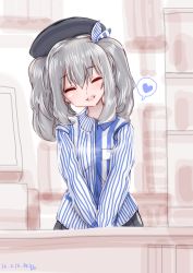 Rule 34 | 10s, 1girl, :d, ^ ^, blush, closed eyes, dress shirt, employee uniform, hat, head tilt, highres, kantai collection, kashima (kancolle), lawson, long sleeves, looking at viewer, open mouth, shirt, silver hair, smile, solo, souryu, striped clothes, striped shirt, twintails, uniform, v arms, vertical-striped clothes, vertical-striped shirt, wavy hair