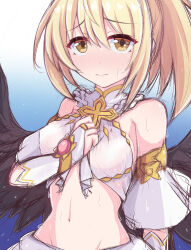 Rule 34 | 1girl, absurdres, bare shoulders, black wings, blonde hair, blue background, breasts, clenched hand, closed mouth, commentary request, cosplay, cross, dancer, detached sleeves, embarrassed, gradient background, halterneck, high ponytail, highres, kuroha koudai, light blush, long hair, long sleeves, looking at viewer, medium breasts, navel, princess connect!, clear (princess connect!), revealing clothes, solo, stomach, upper body, wings, yellow eyes, yui (ceremonial) (princess connect!), yui (princess connect!), yui (princess connect!) (cosplay)