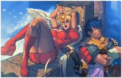 Rule 34 | 1boy, 1girl, against wall, angel wings, blonde hair, blue hair, blue sky, boots, breasts, breath of fire, breath of fire iii, chuck pires, cloud, crossed arms, dress, covered erect nipples, feathered wings, knee boots, large breasts, legs, crossed legs, long legs, lying, nina (breath of fire iii), on back, open mouth, platform footwear, platform heels, red dress, red footwear, ryuu (breath of fire iii), scarf, shoes, short dress, sitting, sky, sleeping, sleeping upright, sword, taut clothes, thighs, wall, weapon, wings