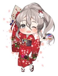 Rule 34 | 1girl, blush, brown eyes, cherry blossoms, chibi, floral print, flower, full body, grey hair, hagoita, hair between eyes, hair flower, hair ornament, highres, holding, japanese clothes, kantai collection, kimono, long hair, long sleeves, looking at viewer, obi, one eye closed, open mouth, paddle, petals, pola (kancolle), ponytail, red flower, red kimono, sash, shuttlecock, simple background, solo, toriniku senshi chikinman, white background, white flower, wide sleeves