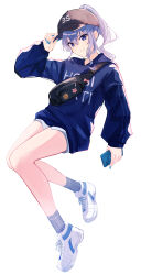 Rule 34 | 1girl, absurdres, alternate costume, bare legs, baseball cap, blue eyes, blue hair, blue hoodie, blue nails, casual, cellphone, closed mouth, fanny pack, full body, hat, high ponytail, highres, holding, holding phone, hololive, hood, hoodie, hoshimachi suisei, long hair, phone, shishamope, shoes, short shorts, shorts, simple background, smartphone, sneakers, solo, star (symbol), star in eye, symbol in eye, virtual youtuber, white background