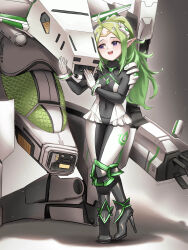 Rule 34 | 1girl, absurdres, boots, burnt green tea, circlet, fire emblem, fire emblem awakening, gloves, green hair, high heel boots, high heels, highres, long hair, mecha, navel, nintendo, nowi (fire emblem), pigeon-toed, plugsuit, purple eyes, robot, white gloves