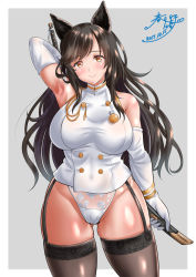 Rule 34 | 1girl, animal ears, arm up, armpits, atago (azur lane), azur lane, bare shoulders, black hair, blush, border, breasts, brown eyes, brown thighhighs, buttons, closed mouth, collarbone, commentary request, cowboy shot, dated, double-breasted, elbow gloves, floral print, gloves, gluteal fold, grey background, highleg, highleg panties, highres, holding, holding sword, holding weapon, jacket, kasugano tobari, large breasts, long hair, looking at viewer, medal, military, military uniform, mole, mole under eye, no pants, outside border, panties, print panties, scabbard, sheath, sheathed, shiny clothes, shiny skin, signature, simple background, skindentation, sleeveless, sleeveless jacket, smile, solo, standing, swept bangs, sword, taut clothes, thick thighs, thighhighs, thighs, underwear, uniform, weapon, white border, white gloves, white jacket, white panties