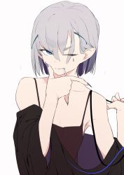 Rule 34 | 1girl, antennae, bare shoulders, blue eyes, camisole, fingernails, grey hair, looking at viewer, nail polish, off shoulder, one eye closed, original, purple nails, sharp fingernails, short hair, simple background, sohin, solo, white background