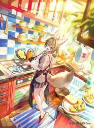 Rule 34 | 1girl, ahoge, alternate costume, animal ear fluff, animal ears, apron, asymmetrical footwear, bare legs, black apron, black hair, blonde hair, blue footwear, blurry, blurry foreground, bowl, bread, bread slice, cabinet, commentary request, cooking, copyright name, counter, cup, cutting board, day, facial mark, food, fox ears, fox girl, fox tail, fruit, frying pan, full body, grey shirt, hair between eyes, hair over shoulder, heart, heart-shaped pupils, highres, holding, holding frying pan, holding spatula, hololive, indoors, king gidora, kitchen, kitchen knife, lemon, lemon slice, looking at viewer, looking back, mat, medium hair, mismatched footwear, multicolored hair, official art, omaru polka, open mouth, oven, pink hair, plant, plate, potted plant, purple eyes, red footwear, salad, scrambled egg, shirt, short sleeves, shorts, sidelocks, slippers, smile, solo, spatula, standing, stool, stove, streaked hair, striped clothes, striped shorts, symbol-shaped pupils, tablecloth, tail, teacup, toast, virtual youtuber, watermark, window, wooden stool