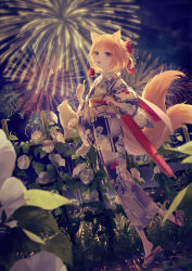 Rule 34 | 1girl, absurdres, animal ears, cat, character request, copyright request, fireworks, floral print, flower, grass, highres, holding, holding umbrella, japanese clothes, kimono, leaf, obi, orange hair, outdoors, print kimono, sandals, sash, short hair, solo, tail, umbrella, virtual youtuber, water, white cat, white flower, yoggi (stretchmen)