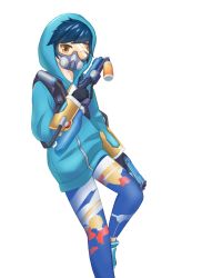 Rule 34 | 1girl, black gloves, blue footwear, blue hair, blue jacket, blue pants, brown eyes, dual wielding, feet out of frame, gas mask, gloves, graffiti tracer, gun, highres, holding, holding gun, holding weapon, hood, hood up, hooded jacket, jacket, long sleeves, looking at viewer, mask, one eye closed, overwatch, overwatch 1, pants, shoes, simple background, solo, standing, standing on one leg, stratosphere (coom1017), tracer (overwatch), transparent background, weapon, white background