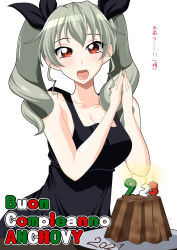 Rule 34 | 1girl, :d, anchovy (girls und panzer), birthday cake, black dress, black ribbon, cake, character name, commentary, dated, dress, drill hair, food, girls und panzer, green hair, hair ribbon, happy birthday, highres, ichijou takakiyo, italian text, long hair, looking at viewer, open mouth, own hands together, red eyes, ribbon, simple background, sleeveless, sleeveless dress, smile, solo, translated, twin drills, twintails, white background