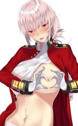 Rule 34 | 1girl, black ribbon, blush, braid, braided hair rings, breasts, buttons, clothes lift, collared shirt, commentary request, epaulettes, fate/grand order, fate (series), florence nightingale (fate), folded ponytail, gloves, hair between eyes, hair ornament, hair ribbon, hair rings, half-closed eyes, hands up, heart, heart-shaped boob challenge, heart hands, highres, jacket, large breasts, long hair, long sleeves, looking at viewer, military, military uniform, navel, onineko-chan, open clothes, open jacket, open mouth, pants, pink hair, red eyes, ribbon, shiny skin, shirt, shirt lift, sidelocks, simple background, single braid, solo, stomach, sweatdrop, tearing up, tears, teeth, trembling, tsurime, twitching, uniform, upper body, white background, white gloves, white pants