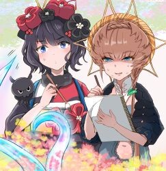 Rule 34 | 2girls, absurdres, black hair, black kimono, black sleeves, blue eyes, blue overalls, braid, brown hair, clothing cutout, crown braid, fate/grand order, fate (series), father and daughter, hair ornament, hairpin, highres, holding, holding paintbrush, holding sketchbook, ink, japanese clothes, katsushika hokusai (fate), kimono, looking afar, multiple girls, navel, navel cutout, octopus, open mouth, orange headwear, overalls, paintbrush, puffy short sleeves, puffy sleeves, shimogamo (shimomo 12), short sleeves, side braid, sketchbook, striped clothes, striped headwear, sweatdrop, tentacles, tokitarou (fate), upper body, van gogh (fate)