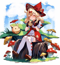 Rule 34 | 1girl, ahoge, blonde hair, blush, bread, brown footwear, child, closed eyes, closed mouth, dress, eating, food, genshin impact, grass, hair between eyes, hat, holding, holding food, klee (genshin impact), long hair, low twintails, medium hair, mushroom, pointy ears, red dress, red hat, samori, shoes, sidelocks, sitting, smile, solo, thighhighs, twintails, white thighhighs