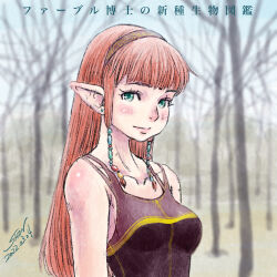 Rule 34 | 1girl, bare shoulders, collarbone, dated, elf, forest, green eyes, hairband, highres, long hair, looking at viewer, nature, original, pointy ears, red hair, shin iroenpitsu, shirt, sidelocks, signature, sleeveless, sleeveless shirt, solo, upper body