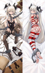 1girl animal_ears black_pantyhose blue_eyes book censored chain dakimakura_(medium) fake_animal_ears highres kasugano_sora lamp leotard lingerie long_hair lying multiple_views on_back open_book open_mouth pantyhose playboy_bunny restrained rope shibari spread_legs torn_clothes touxing_no_diluka underwear yosuga_no_sora