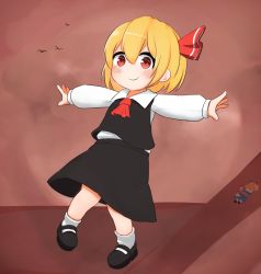 Rule 34 | 1girl, alice margatroid, ascot, black footwear, black skirt, black vest, blonde hair, blush, closed mouth, ferdy&#039;s lab, flat chest, full body, hair between eyes, hair ribbon, highres, long sleeves, looking at viewer, mary janes, outstretched arms, puffy long sleeves, puffy sleeves, red ascot, red eyes, red ribbon, ribbon, rumia, shanghai doll, shoes, short hair, skirt, smile, solo, standing, standing on one leg, touhou, vest, white legwear, wing collar