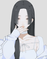 Rule 34 | 1girl, black eyes, black hair, blunt bangs, choker, collarbone, dress, grey background, hand to own mouth, long hair, looking at viewer, original, simple background, solo, toffee paint, very long hair, white choker, white dress