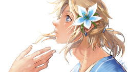 Rule 34 | 1boy, blonde hair, blue eyes, blue shirt, dated, earrings, flower, hair flower, hair ornament, jewelry, link, nintendo, parted lips, pointy ears, ponytail, profile, shiqi1695, shirt, short hair, signature, silent princess, simple background, solo focus, the legend of zelda, the legend of zelda: breath of the wild, upper body, white background, wind
