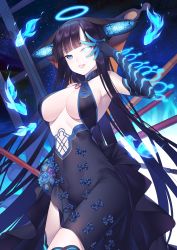 Rule 34 | 1girl, absurdres, bad id, bad pixiv id, bare shoulders, black dress, black gloves, black headwear, black thighhighs, blue eyes, blue fire, blunt bangs, blush, breasts, center opening, covered navel, dress, elbow gloves, fate/grand order, fate (series), fire, fish, flute, gloves, glowing, glowing eye, hair ornament, halo, hand up, highres, instrument, large breasts, leaf hair ornament, long hair, looking at viewer, may (2747513627), night, night sky, parted lips, pipa (instrument), purple hair, sky, smile, solo, star (sky), starry sky, thighhighs, thighs, very long hair, yang guifei (fate), yang guifei (third ascension) (fate)