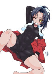 Rule 34 | 1girl, arm behind head, black bodysuit, black hair, blue archive, bodysuit, breasts, collarbone, commentary request, covered navel, highres, looking at viewer, medium breasts, one eye closed, pink hair, ponytail, rickshaw student (blue archive), shirogane (cufsser), short hair, signature, simple background, smile, solo, squatting, sweat, thighs, towel, towel around neck, white background, white towel, yellow eyes