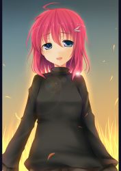 Rule 34 | 1girl, absurdres, ahoge, bad id, bad pixiv id, blue eyes, female focus, field, gradient background, hair ornament, hairclip, highres, kaguyuu, looking at viewer, nature, open mouth, original, outdoors, pillarboxed, pink hair, plant, sky, solo, sweater, tears, upper body
