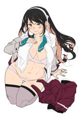 Rule 34 | 1girl, black hair, blush, bra, breasts, dress, fang, grey jacket, grey thighhighs, hand on own chest, highres, huge breasts, jacket, jewelry, kantai collection, long hair, long sleeves, looking at viewer, naganami (kancolle), open clothes, open shirt, oso (toolate), panties, pink bra, pink hair, pink panties, ring, shirt, simple background, sitting, skin fang, solo, thighhighs, underwear, unworn dress, very long hair, wavy hair, white background, white shirt, yellow eyes